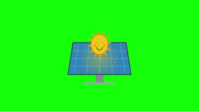 Cartoon Solar Panel and Smiling Sun Animation on Green Screen Background.
