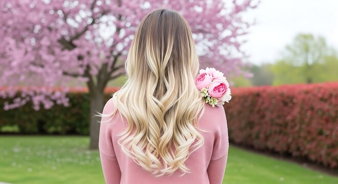 Blonde woman with long wavy ombre hair and pink flowers. Beauty salon advertising concept.