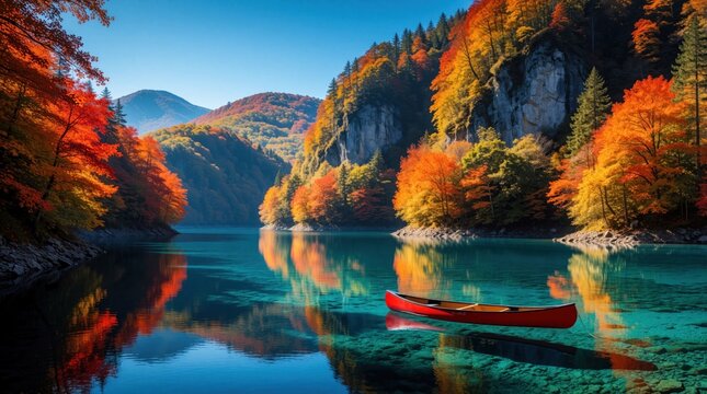 Red canoe floats on clear turquoise lake surrounded by mountains forested with autumn trees. Rocky shores reflect vibrant fall foliage under a bright blue sky.