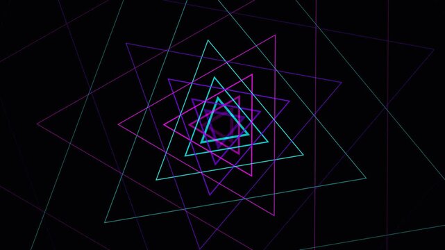 Abstract looping animation of rotating neon geometric triangles creating a hypnotic tunnel effect