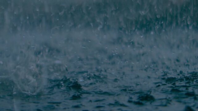 Heavy Rain Splashing on Ground Close-Up, Torrential Monsoon Downpour Water Droplets
