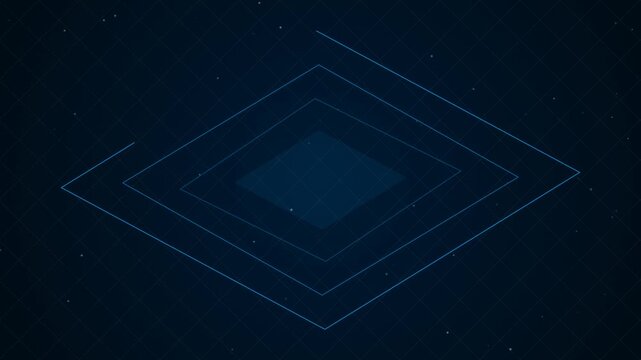 Geometric blue wireframe shapes rotating in a looping dark space animation