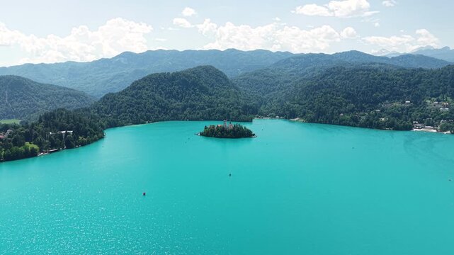 Aerial View of Lake Bled Slovenia, Island With Church in Turquoise Water in Summer Season, Drone Shot