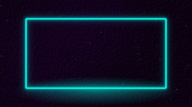 A glowing cyan rectangular neon frame floating against a dark starry night background for looping display
