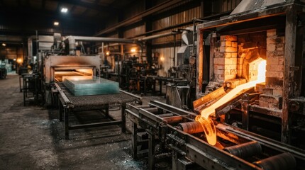 Fototapeta premium Glass furnace with molten gob, annealing lehr, clear sheets on conveyor, and orange glow in a glass plant
