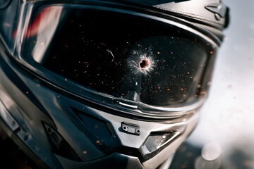 Fototapeta premium Close-up of a motorcycle helmet featuring a bullet hole illustrating the impact of danger in motorsports and the need for safety gear during extreme conditions. Generative AI