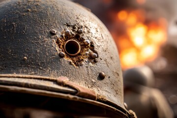 Fototapeta premium A close-up of a weathered helmet marked by a bullet hole against a blurred fiery background depicting the chaos of battle. An evocative image symbolizing conflict and courage. Generative AI