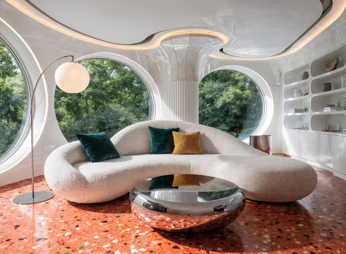This futuristic living room features a large, sculptural white sofa with plush green and mustard pillows, centered on a vibrant orange terrazzo floor. The space is defined by its bold, organic archite