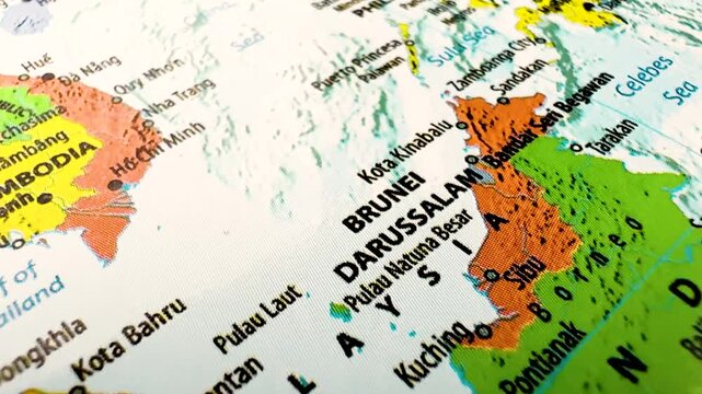 Close up map of southeast asia showing malaysia and singapore