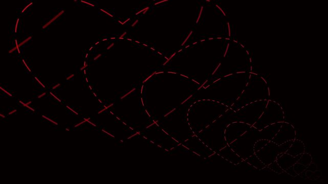 Red dashed heart outlines cascading diagonally across a dark background in a looping animation