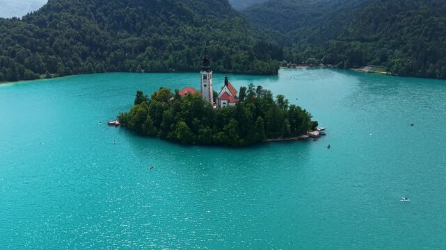 Drone Shot of Lake Bled Island and Virgin Mary Catholic Church, Turquoise Water and Landmark