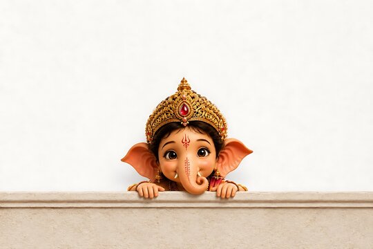 Cute Baby Ganesha Peeking Over Cream Ledge for Ganesh Chaturthi and Ganesh Utsav