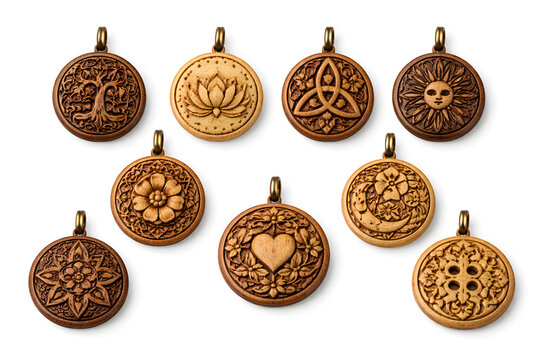 Collection of round wooden pendant charms carved with various symbols isolated on white background