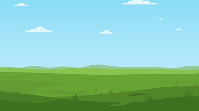 Layered green hills drift at varied horizontal speeds beneath a blue sky with clouds, creating a calm parallax landscape animation ideal for nature backdrops, intros, games, and presentations.