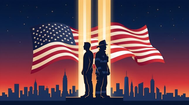 Digital vector illustration of American flag with first responder silhouettes for Patriot Day memorial banner