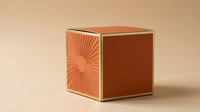 Luxury burnt orange packaging box with gold trim and sunburst pattern