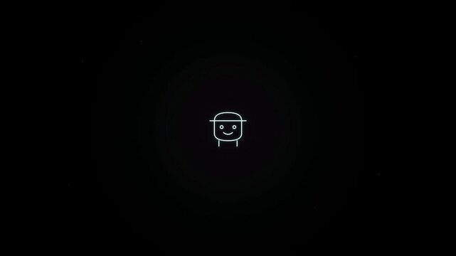 Minimalist white line drawing of a simple smiling character face on black background.