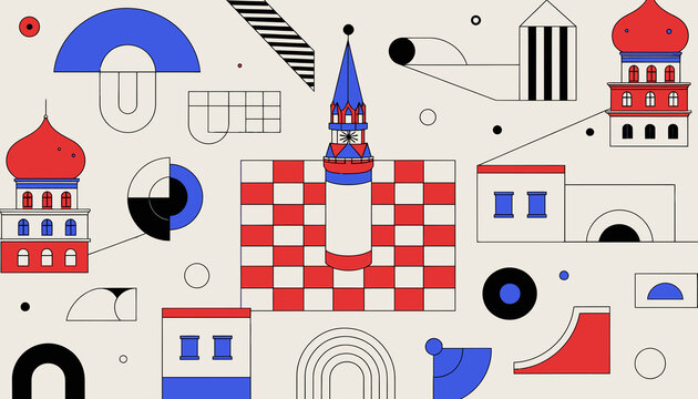 Abstract Geometric Cityscape with Russian Architectural Elements and Cubism Style