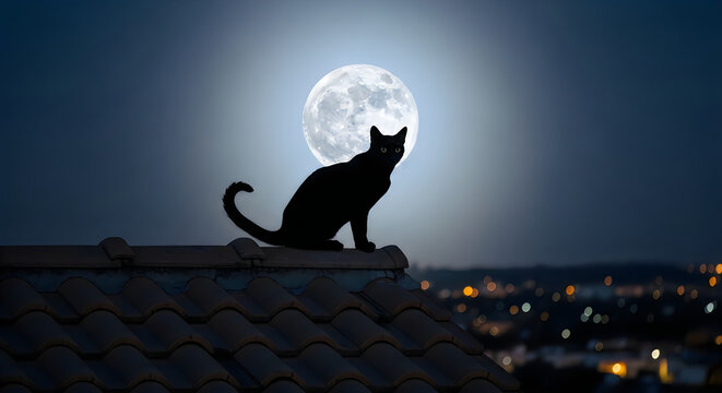 A black cat silhouette sitting on a rooftop against a bright full moon