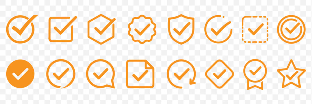 Checkmark icon set. Containing check, accept, agree, selected, confirm, approve, correct, complete, checklist, and verified icons. Solid icon collection. 
