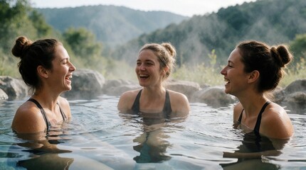 Fototapeta premium Three happy young women laugh relaxing in outdoor hot spring spa. Steam rises from warm water in mountain retreat. Friends enjoy wellness vacation, bonding, stress relief in beautiful nature setting