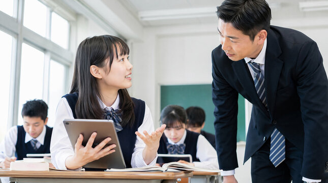 タブレット端末（デジタル教科書）を使いつつ先生に質問をする女子生徒　デジタル活用した授業風景