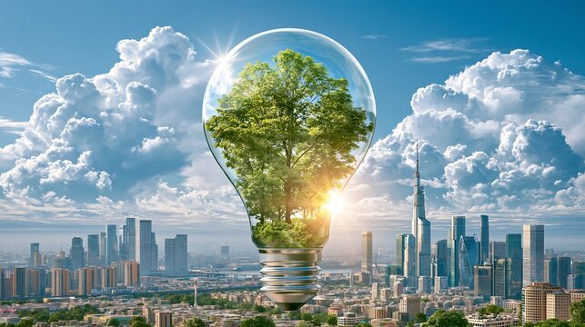Lush green tree growing inside a light bulb with modern city skyline background
