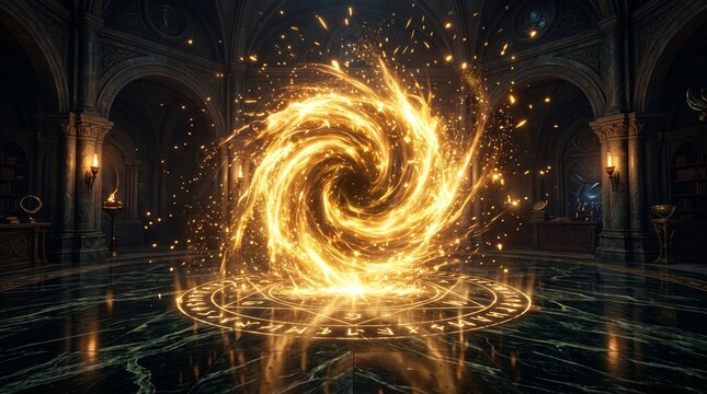 Magical golden energy portal with glowing particles and swirling light effects erupting from a dark, polished marble surface, symbolizing fantasy and creation.