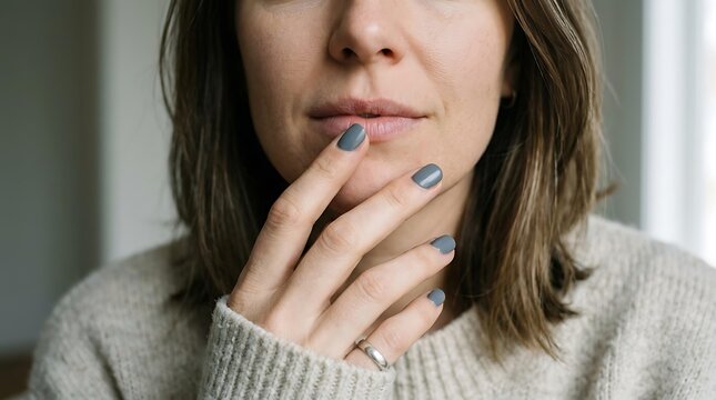 Close up of a beautiful woman with a stylish grey manicure touching her lips, elegant grey manicure on female hands wearing a knit sweater, minimalist lifestyle beauty with grey manicure nails.