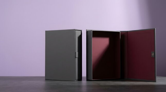 Minimalist black premium gift box mockup with burgundy interior on purple background