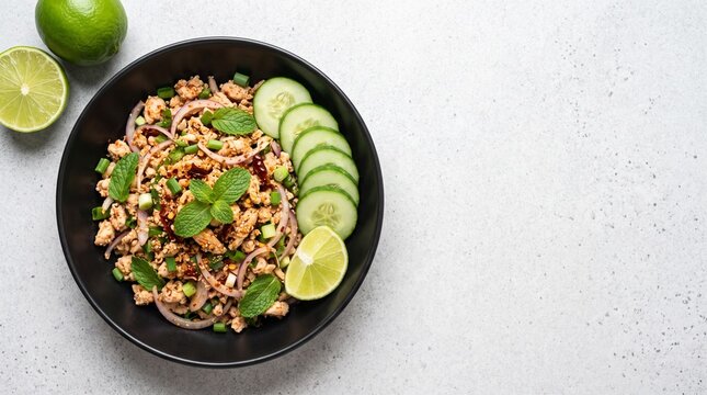 Spicy Thai minced chicken salad, Larb Gai, served with fresh cucumber slices and lime in black bowl.