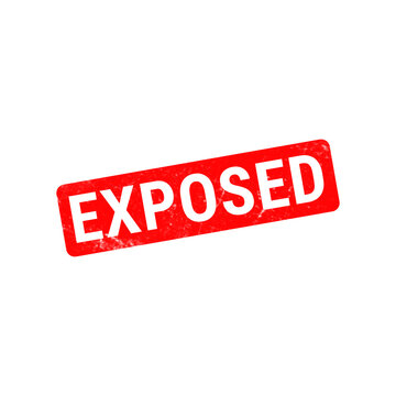 Exposed red rubber stamp icon, weathered grunge text effect on white background, secret revelation and truth discovery symbol