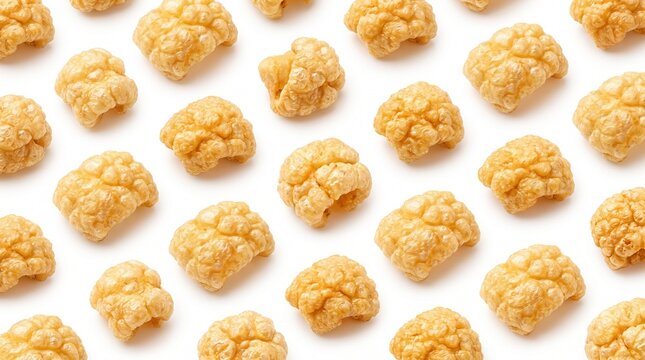 Crispy pork rinds chicharron pattern arranged neatly isolated on white background, top view seamless style.