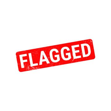 Red flagged rubber stamp icon, distressed grunge texture on rectangular seal, warning and alert symbol for moderation or compliance
