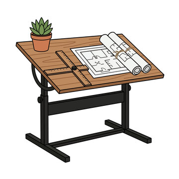 Drafting table with architectural blueprint rolls and tools in studio