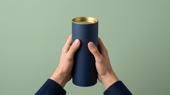Hands holding dark blue cylinder packaging with gold lid mockup