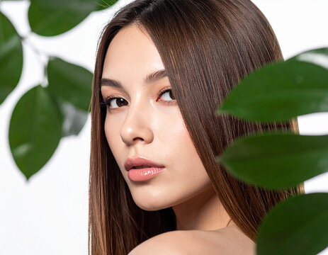 Beauty Portrait with Green Leaves on White Background