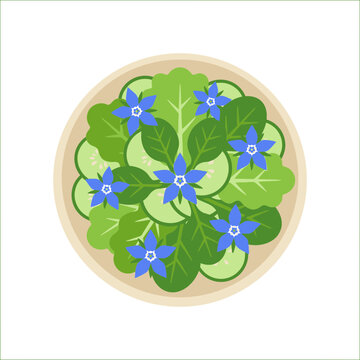 Fresh green salad bowl with cucumber slices and edible borage flowers viewed from above