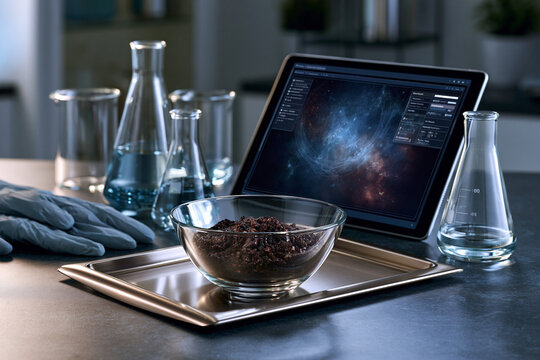 Battery black mass sample with glassware gloves and tablet in laboratory showcasing lithium recovery and critical materials circularity