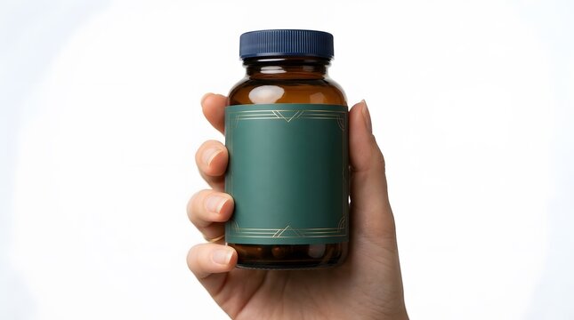 Hand holding amber glass medicine bottle with blank green label mockup