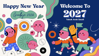 Fototapeta premium Happy New Year 2027 Celebration with Cute Characters in Saudi Arabia, Festive Design