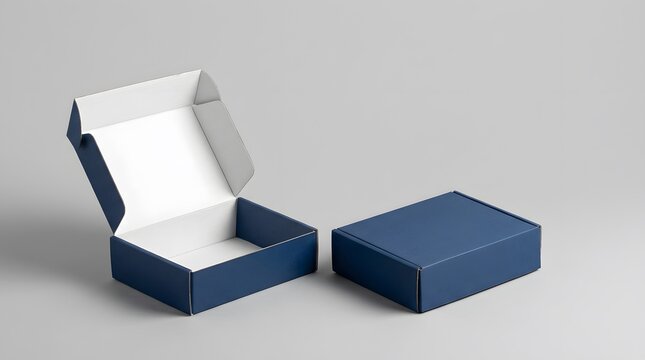 Open and closed navy blue cardboard mailing boxes mockup on grey background