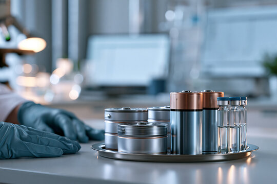 Modern materials recovery laboratory with lithium ion battery cells sample vials and analysis screen showcasing circular battery economy