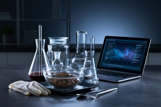 Battery black mass sample with glassware gloves and tablet in laboratory showcasing lithium recovery and critical materials circularity