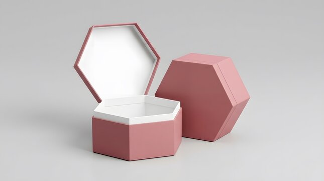 Pink hexagonal gift box mockup with open and closed lid
