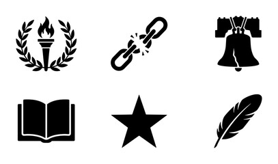 Fototapeta premium Symbolic Icons Set: Liberty Bell, Torch, Broken Chain, Open Book, Star, Feather Pen for Independence, Freedom, Knowledge, History