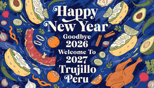 Happy New Year 2027 Trujillo Peru - Festive Food Illustration with Roast Chicken & Tacos