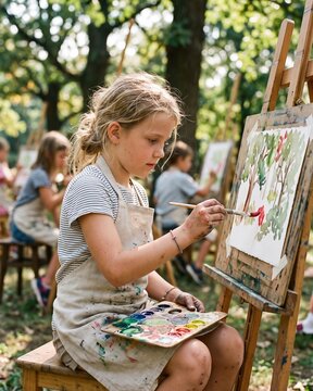 Girl painting picture outdoors in summer park. Concept of art school promotion, creative camps, hobby supplies and children education.