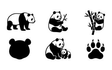 Obraz premium Panda Bear Vector Icons Set, Cute Giant Panda Graphics, Wildlife Animal Illustrations, Bamboo Forest Scenes, Black and White Silhouette Collection