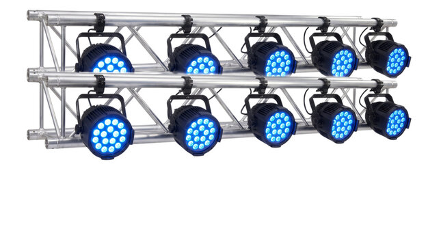 Stage lighting truss system with bright blue led spotlights for concert events